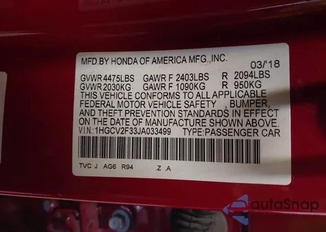 2018 Honda Accord Sport 2.0T from USA, damaged, VIN 1HGCV2F33JA033499